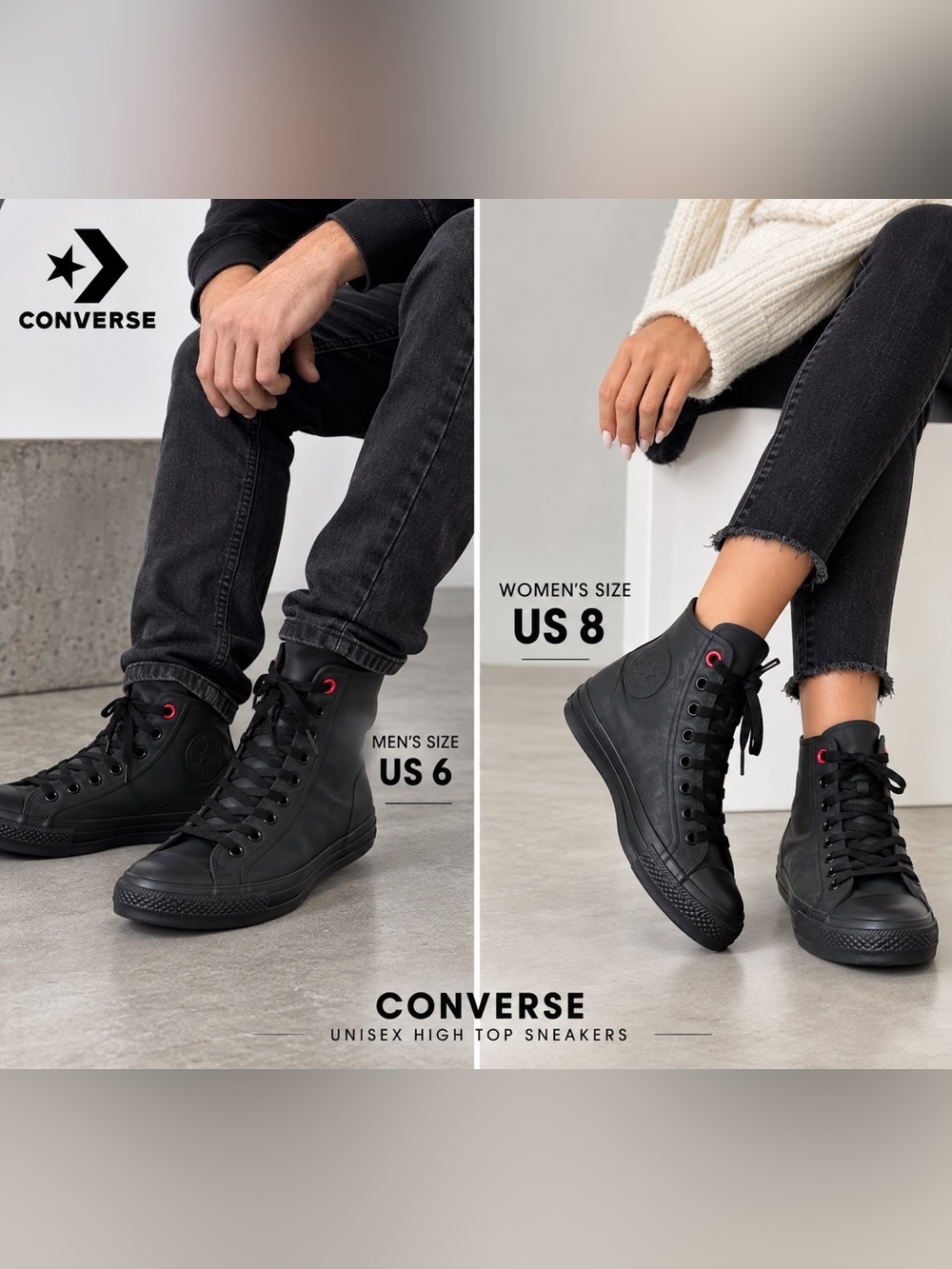 Converse Black High Top Sneakers with Red Eyelets Unisex Men’s Sz 6 Women’s Sz 8